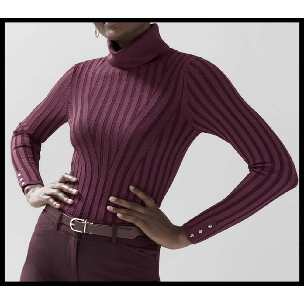 NWT White House Black Market Ribbed Turtleneck Skinny Top Port Wine Medium NEW
